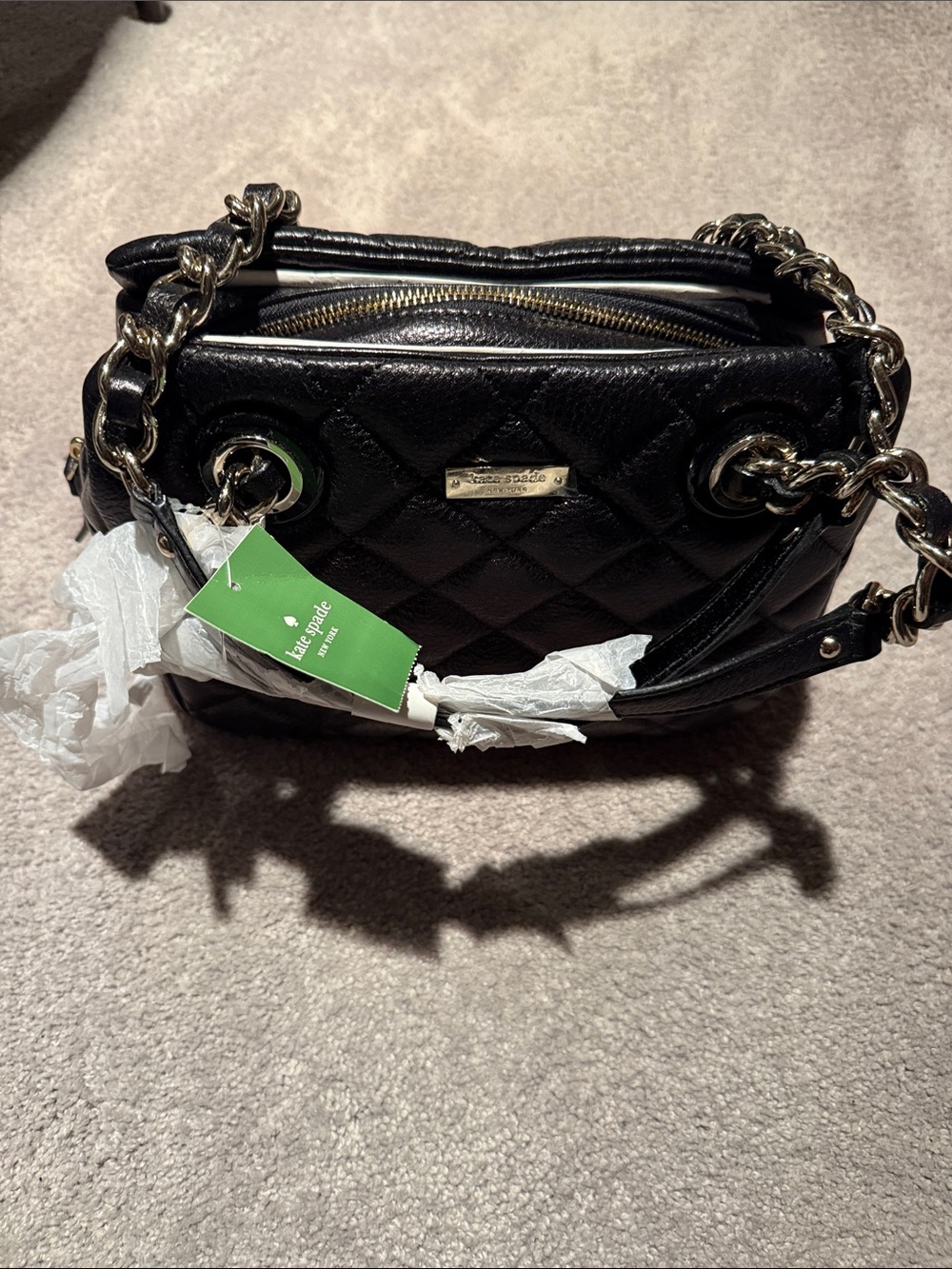 kate spade Black Quilted Leather Shoulder Bag with Gold Chain